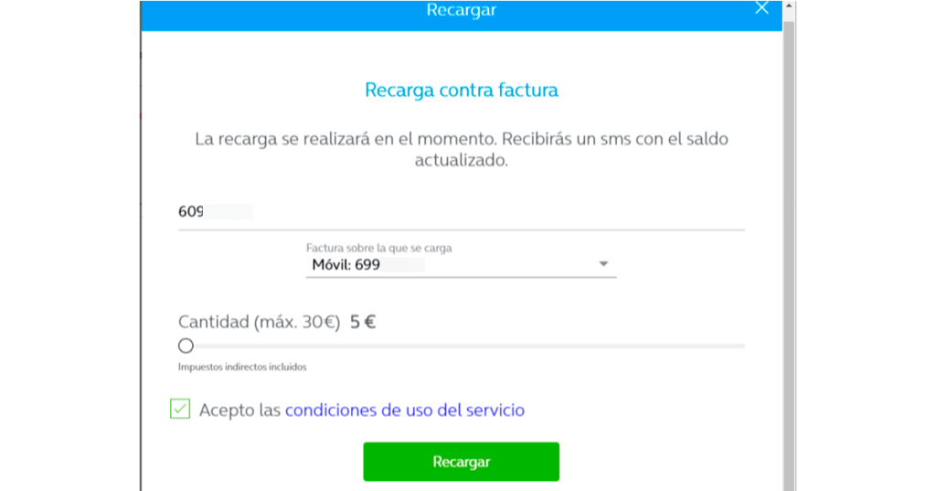 Recargar prepago contra factura